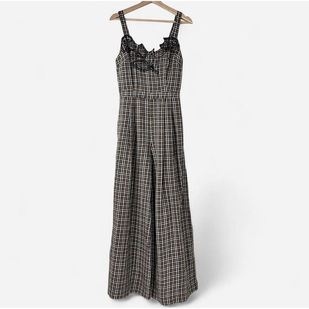 Anthropologie Embroidered Jumpsuit Plaid Wide Leg Linen Cotton Pockets Boho Sz 6
